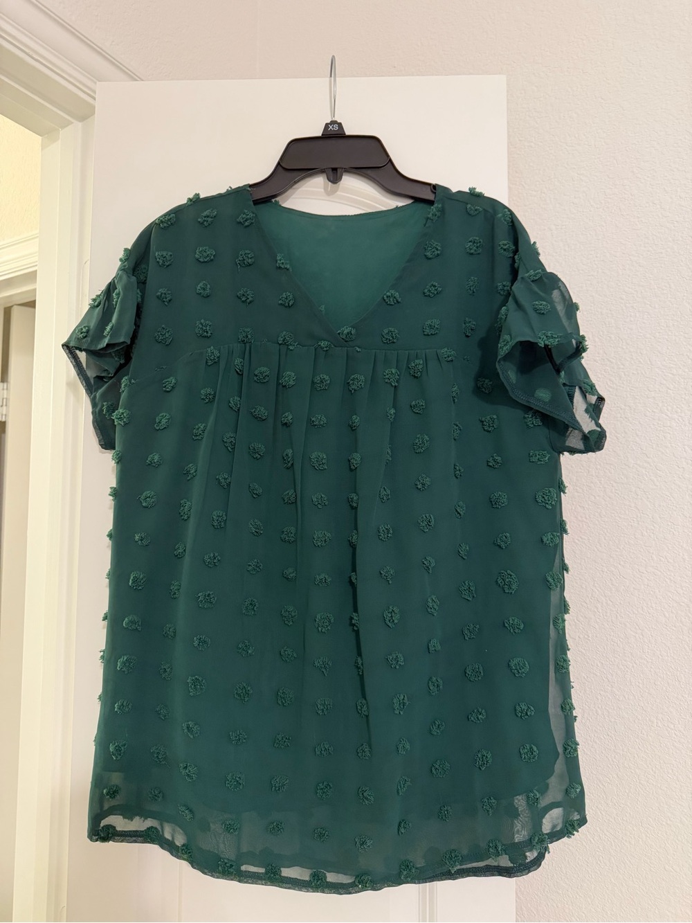 Textured V-Neck Flutter Sleeve Blouse in Deep Green